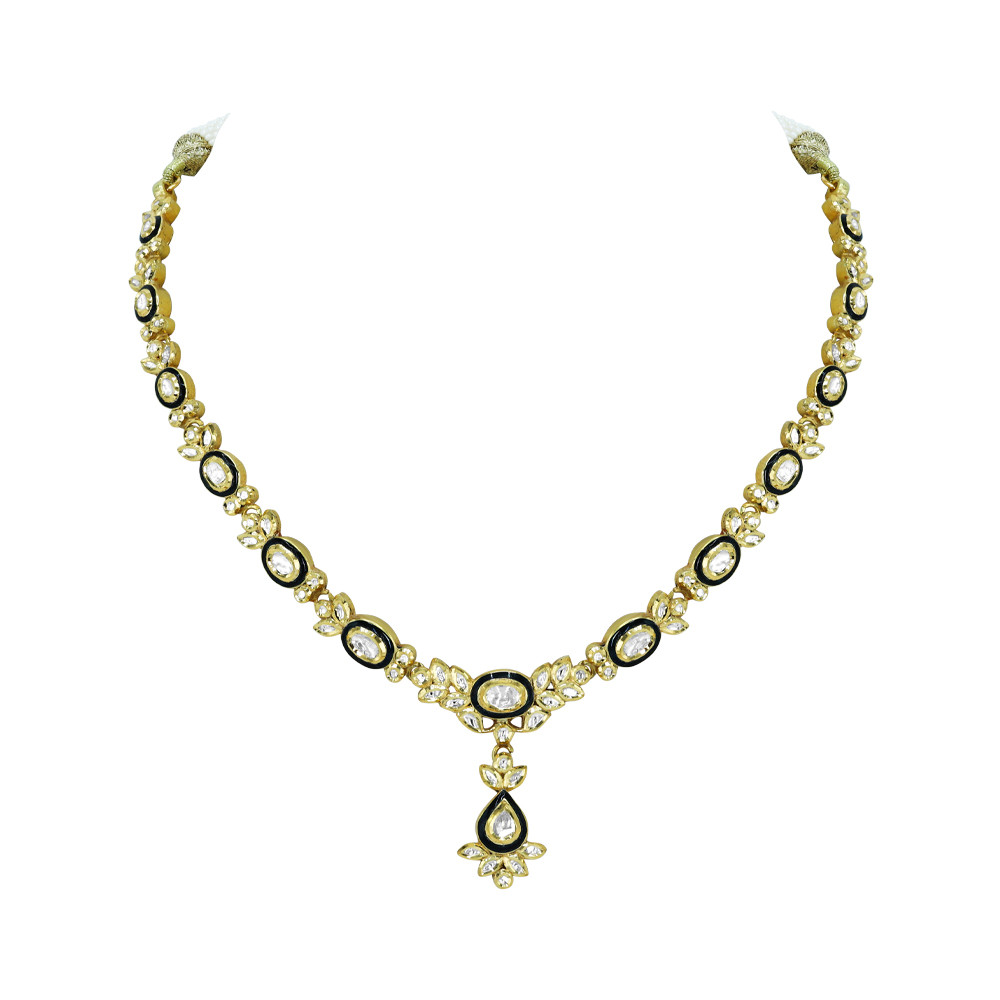 Polki Necklace with Black Meena Oval Motif